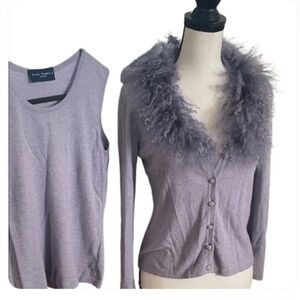 2 pc Anne Rachelle Cashmere Lavender Cardigan with wool Fur Collar Italy